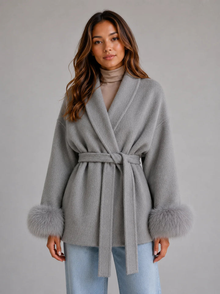 Women's Belted Wool Blend Coat – Faux Fur Trim Wrap Coat in grey with shawl collar and detachable faux fur cuffs