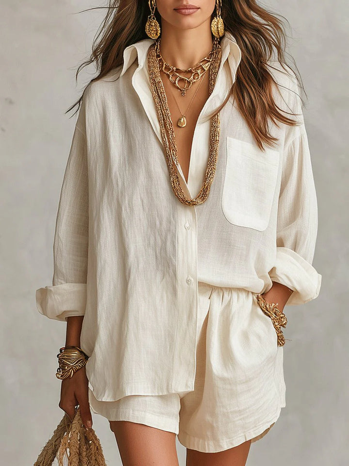 Women's oversized linen shirt and shorts set in off-white with relaxed fit and button-through front