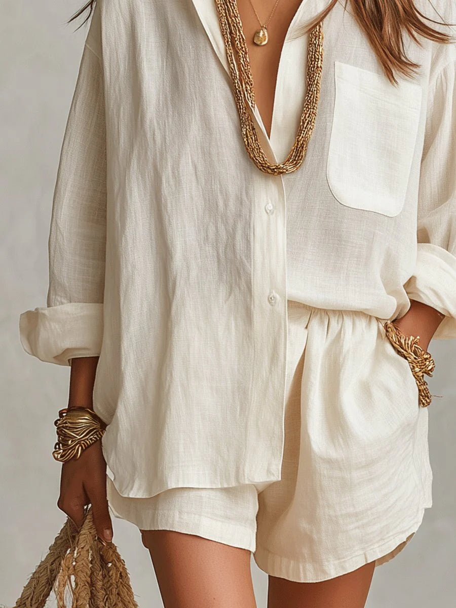 Complete women's linen co-ord set in off-white showing versatile separates for warm-weather styling