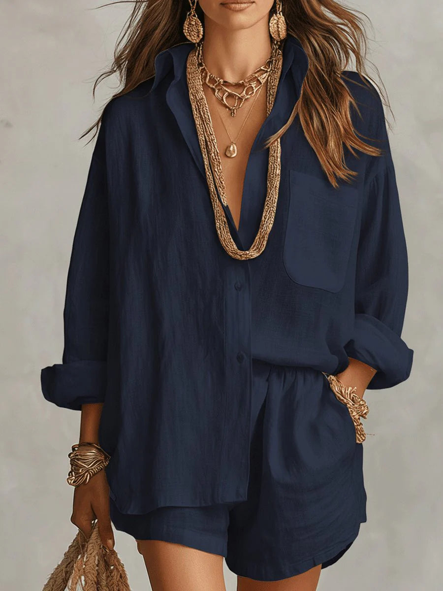 Side angle of women's linen co-ord set displaying relaxed silhouette and coordinating shorts