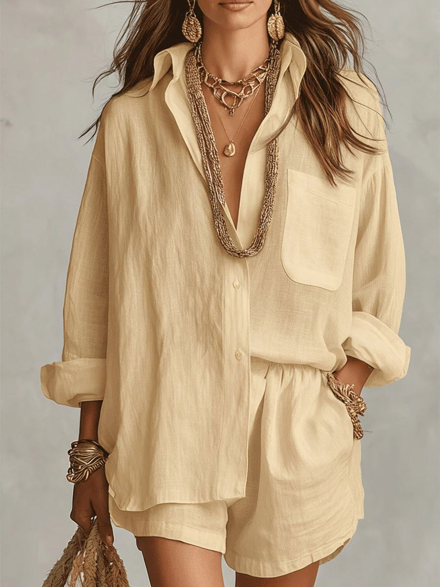 Detail of linen shirt cuffs and lightweight breathable fabric drape in neutral tone