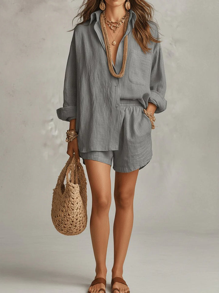 Back view of oversized linen shirt showing relaxed shoulders and natural fabric fall