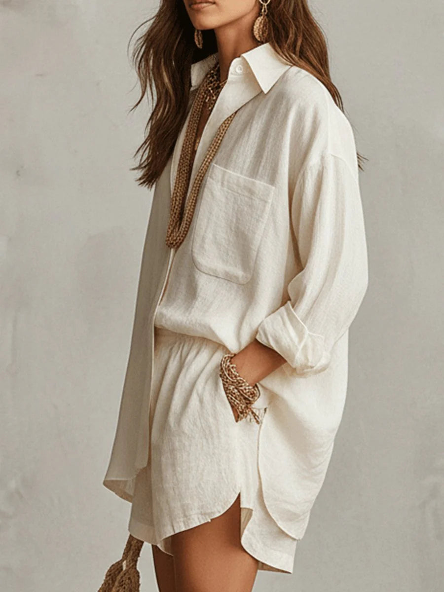 Women's linen shorts with elasticated waistband and coordinating shirt in matching fabric