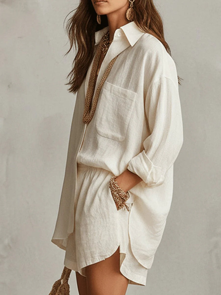 Women's linen shorts with elasticated waistband and coordinating shirt in matching fabric