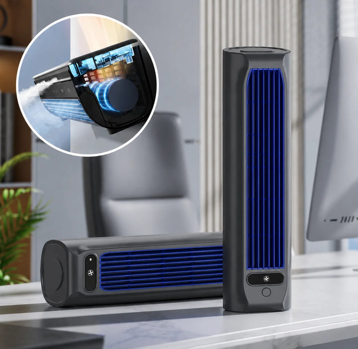 AirWave – Portable Rechargeable Air Conditioner Regular price in grey with blue LED grille shown in vertical tower and horizontal desktop orientations