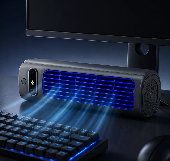 Close-up of AirWave – Portable Rechargeable Air Conditioner Regular price internal cooling mechanism with blue LED lighting and bladeless airflow design