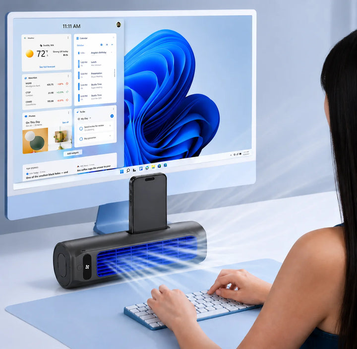 AirWave – Portable Rechargeable Air Conditioner Regular price vertical tower unit on desk with blue LED accent grille and control buttons