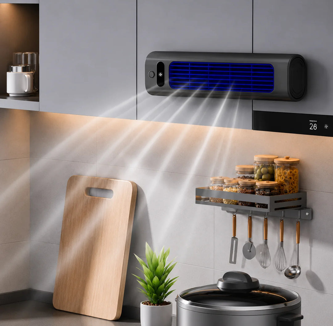 AirWave – Portable Rechargeable Air Conditioner Regular price in beige colourway with blue LED grille and rechargeable battery design