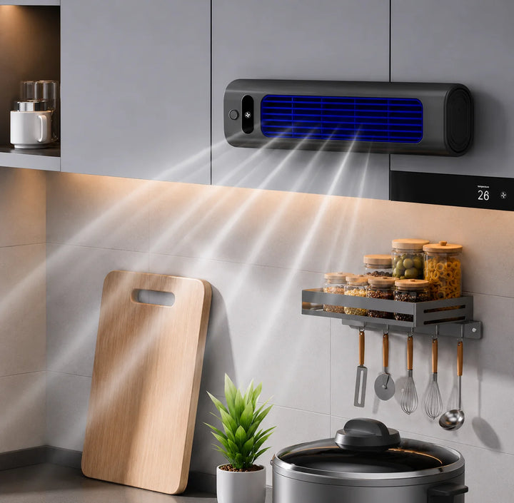 AirWave – Portable Rechargeable Air Conditioner Regular price in beige colourway with blue LED grille and rechargeable battery design