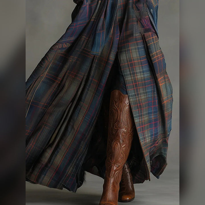 Beulah fitted maxi dress with plaid skirt