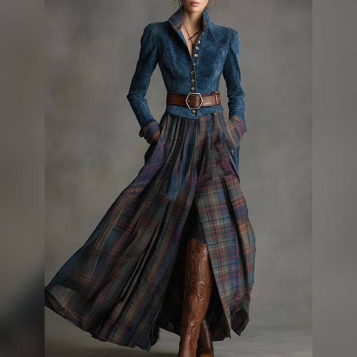 Beulah fitted maxi dress with plaid skirt