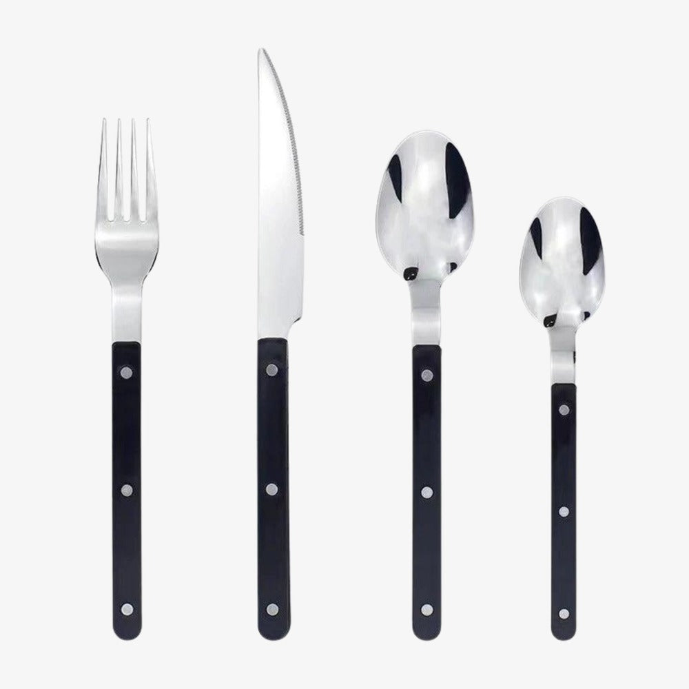 BistroLine 24-piece stainless steel cutlery set in black, engraved design, full set laid out