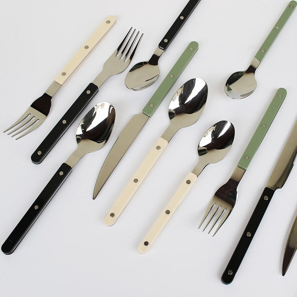BistroLine black stainless steel cutlery set, close-up of engraved handle detail