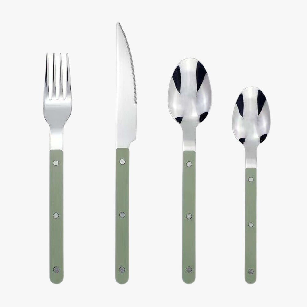 BistroLine 24-piece stainless steel cutlery set in green, engraved design, full set on white background
