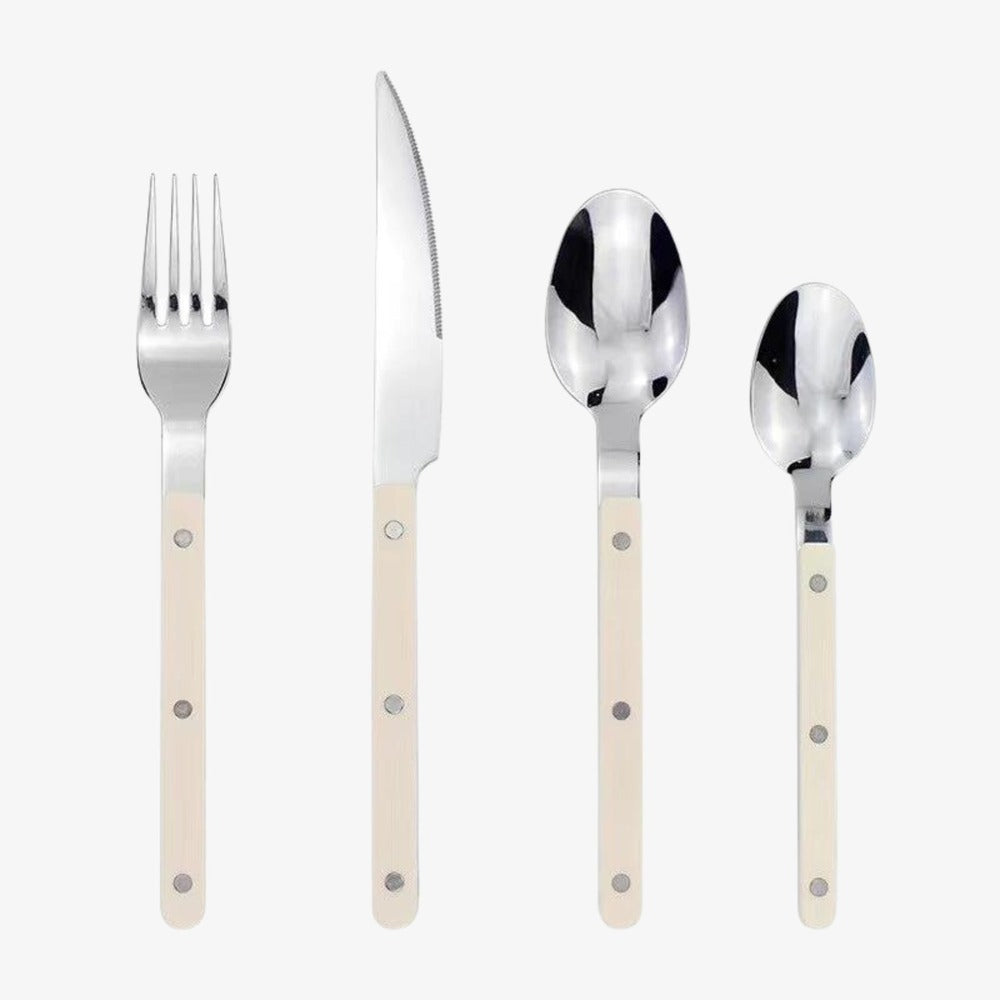 BistroLine 24-piece stainless steel cutlery set in white, engraved design, full set on white background