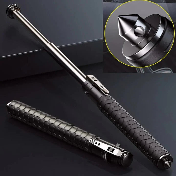 Automatic Self-Defense Walking Stick for Urban Safety with textured anti-slip grip and durable alloy construction shown extended