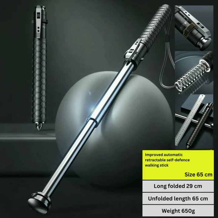 Close-up of one-click deployment button on Automatic Self-Defense Walking Stick for rapid extension
