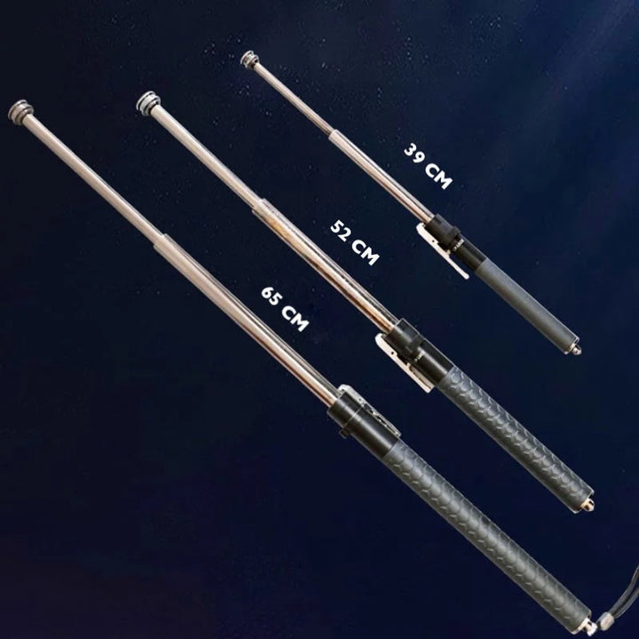 Close-up of one-click deployment mechanism on Automatic Self-Defense Walking Stick showing rapid extension feature