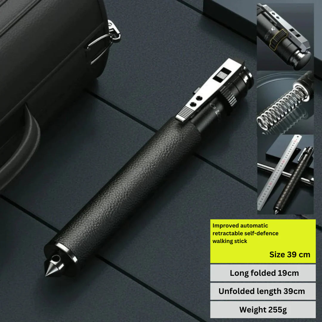 Automatic Self-Defense Walking Stick for Urban Safety in compact form ready for immediate deployment