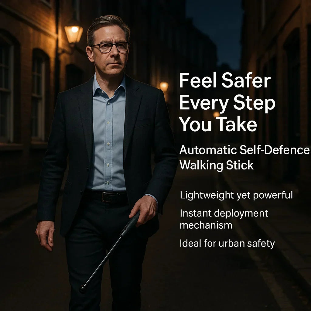 Full-length view of extended Automatic Self-Defense Walking Stick showing lightweight alloy design