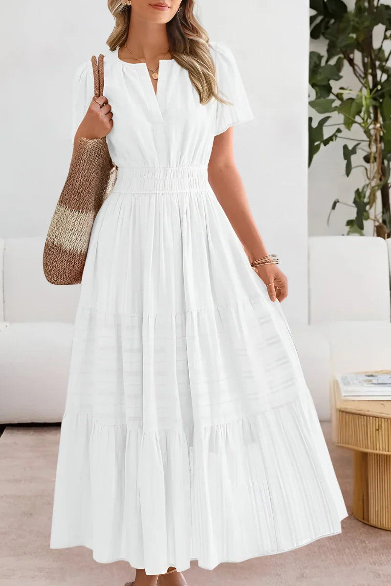 Detail shot of tiered midi dress notch neckline and woven fabric with stripe texture