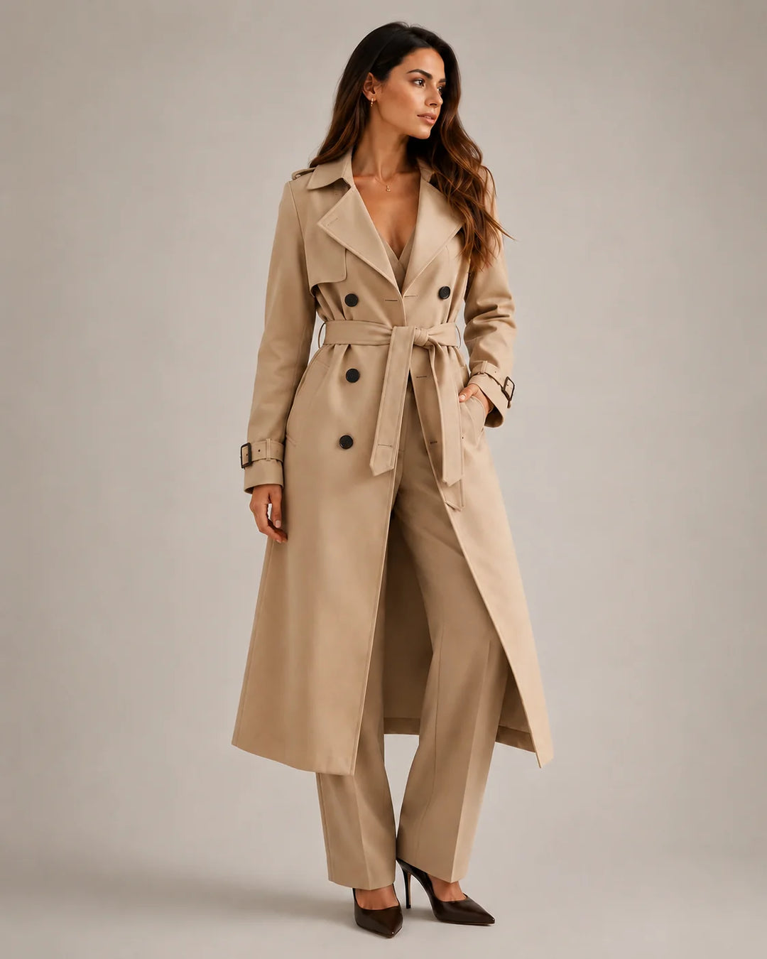 Women's Classic Belted Trench Coat – Long Tailored in beige with double-breasted closure and self-tie belt