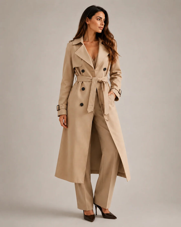 Women's Classic Belted Trench Coat – Long Tailored in beige with double-breasted closure and self-tie belt