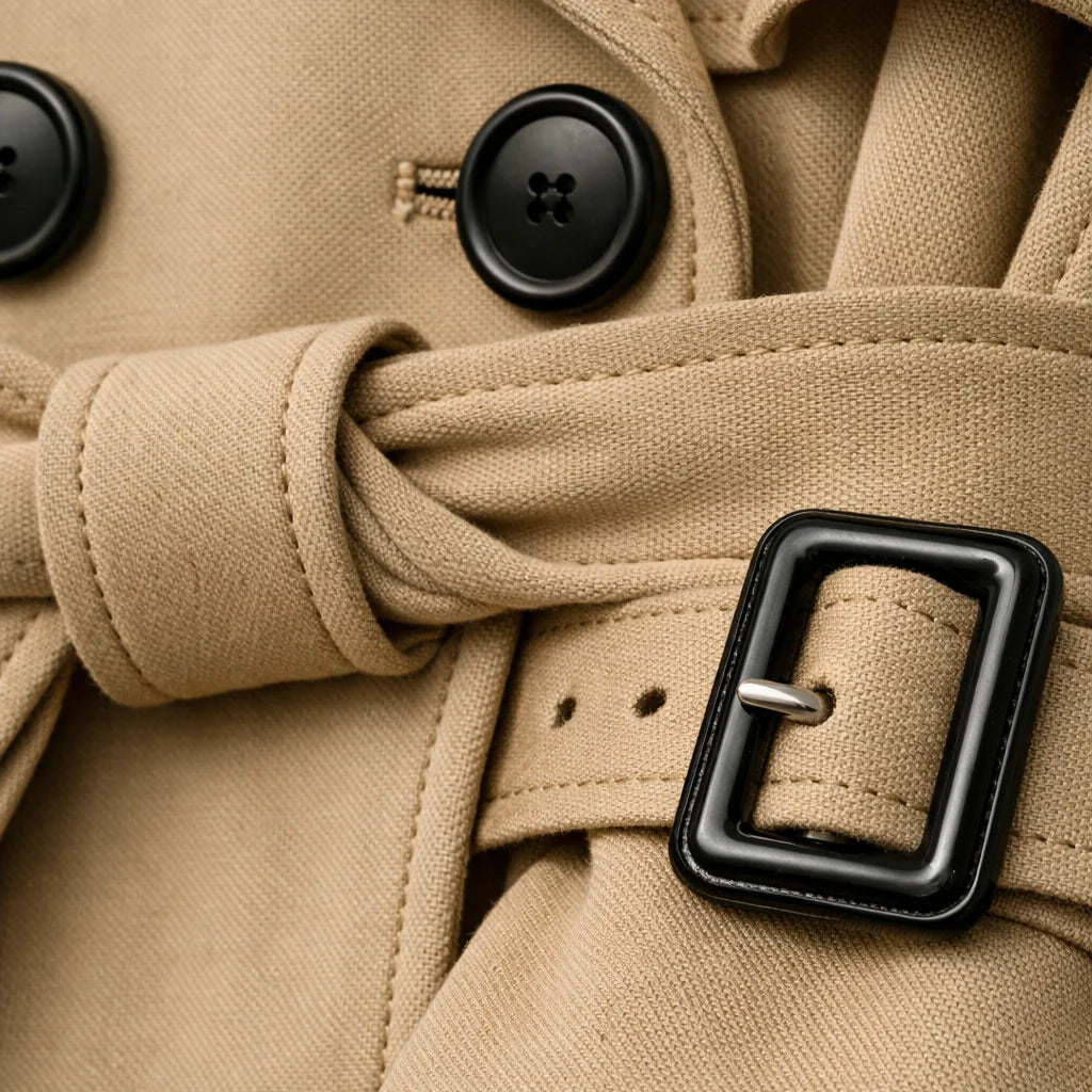 Women's belted trench coat styled with matching trousers for a coordinated look