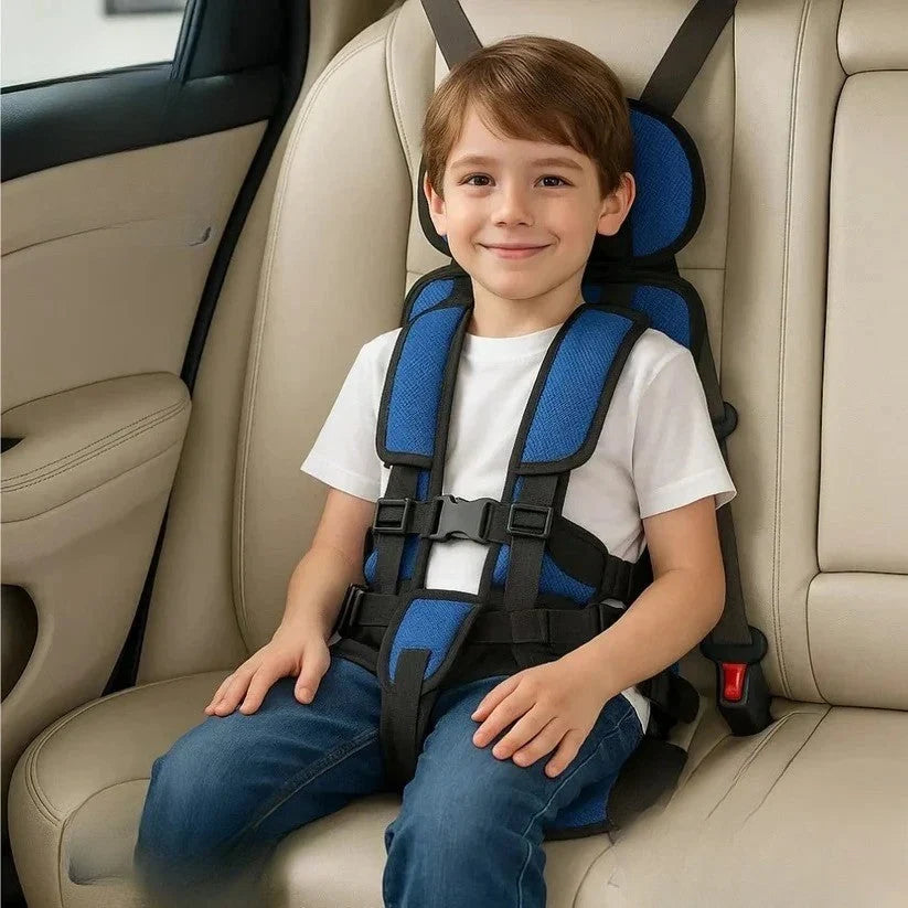 Portable car seat with five-point restraint and padded support providing secure positioning for children in taxis