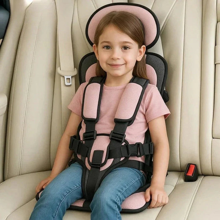 Foldable portable car seat with supportive padding and quick-release buckles for easy installation during short trips