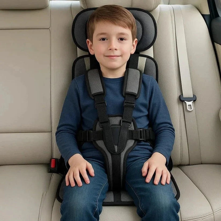 Travel car seat with structured cushioning and five-point harness system securing toddlers comfortably in vehicle seats