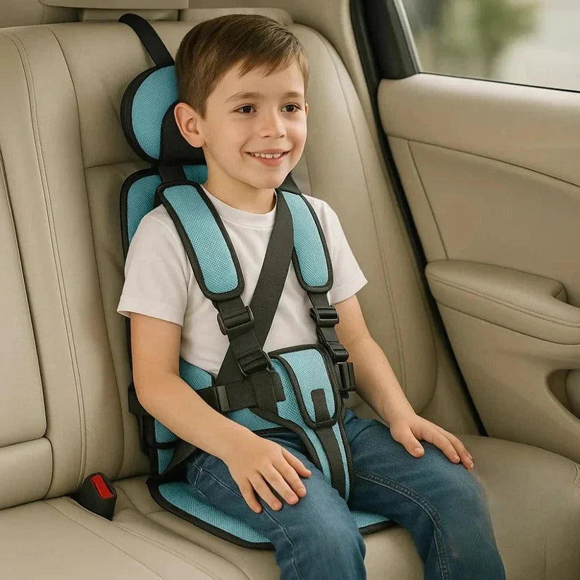 Foldable car seat showing compact storage capability and adjustable harness system for portable child travel safety