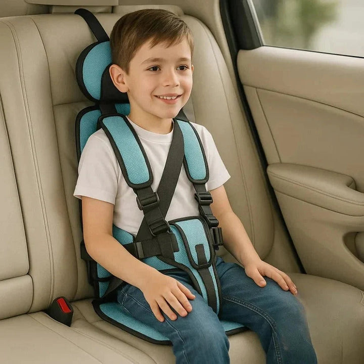 Foldable car seat showing compact storage capability and adjustable harness system for portable child travel safety