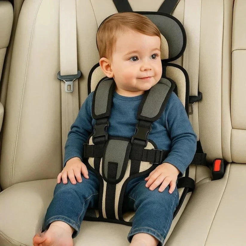 Child travel seat with head and torso cushioning demonstrating quick-install harness system for taxis and hire cars