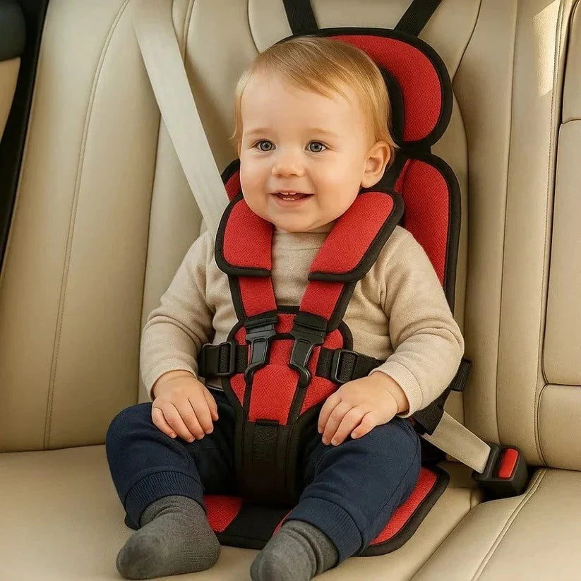 Compact foldable car seat with five-point restraint system and supportive padding for toddlers during vehicle journeys