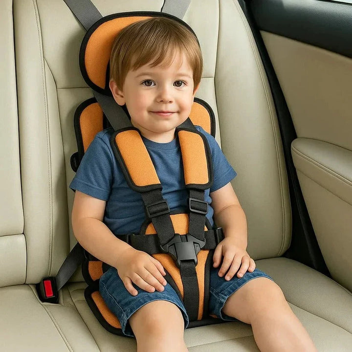 Foldable toddler car seat showing padded head support and secure chest harness system for safe travel on the go