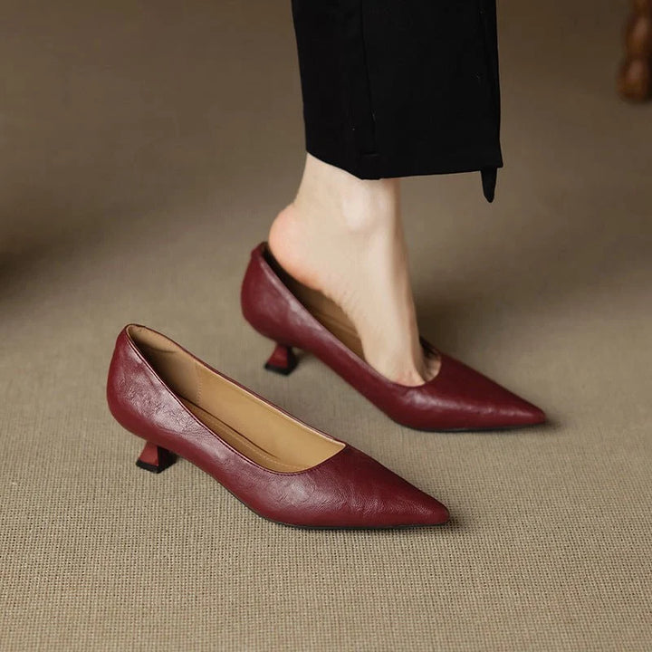 Women's Leather Heels – Pointed-Toe Stiletto Comfort in burgundy with refined low stiletto heel and slip-on design