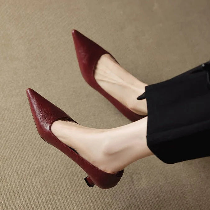 Side view of women's stiletto heels with structured pointed-toe silhouette and low heel height