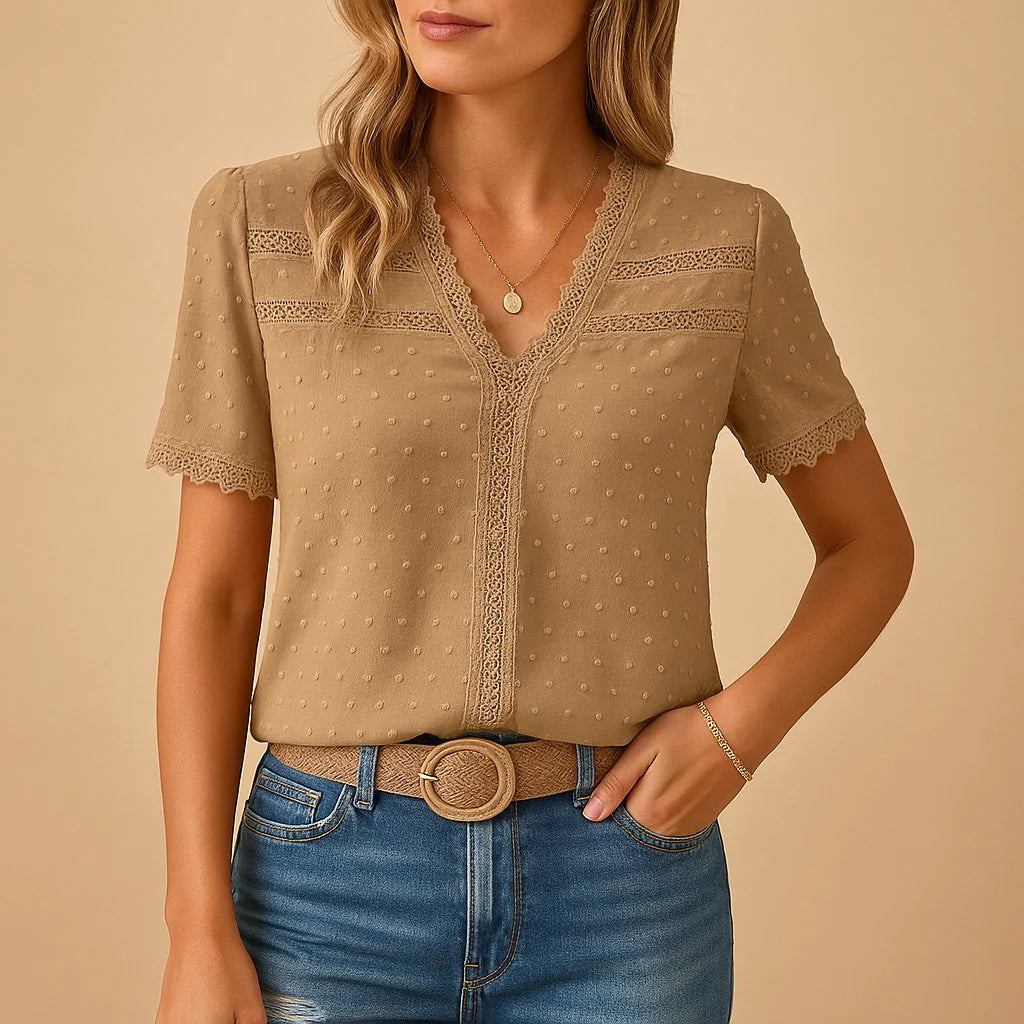 Women's textured lace-trim v-neck blouse in khaki with dotted fabric and short sleeves