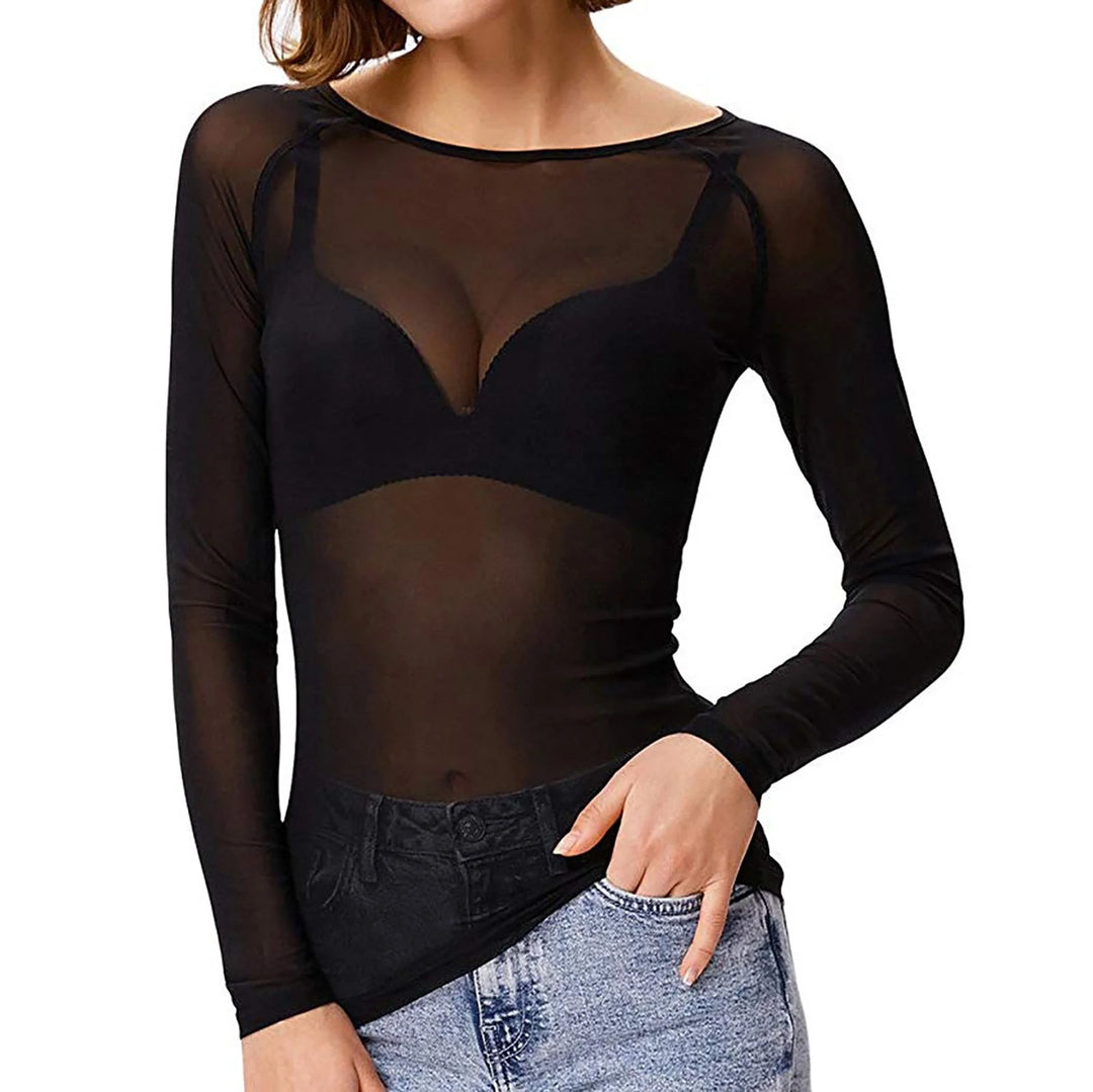 Women's sheer mesh bodysuit with long sleeves and round neckline in black