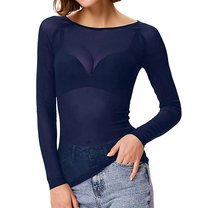 Side angle of black mesh bodysuit with slim-fit silhouette and long sleeves