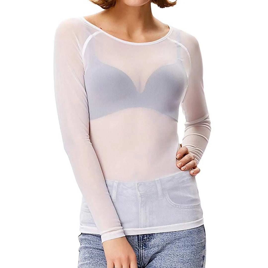 Women's mesh bodysuit paired with high-waisted jeans for casual evening look