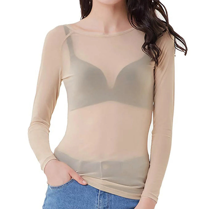Detail of sheer mesh fabric and round neckline on black bodysuit