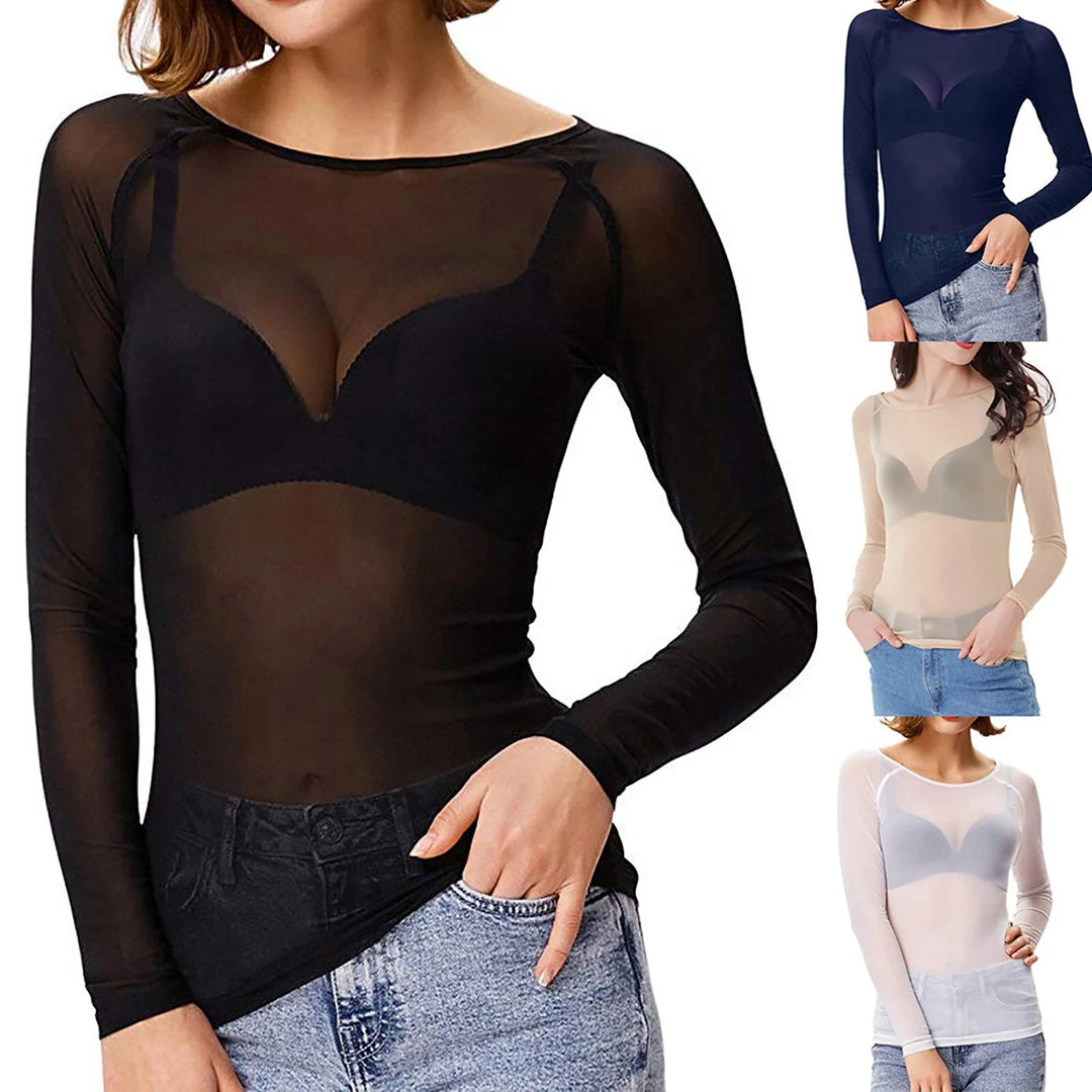 Full-length view of long sleeve mesh bodysuit with body-hugging fit