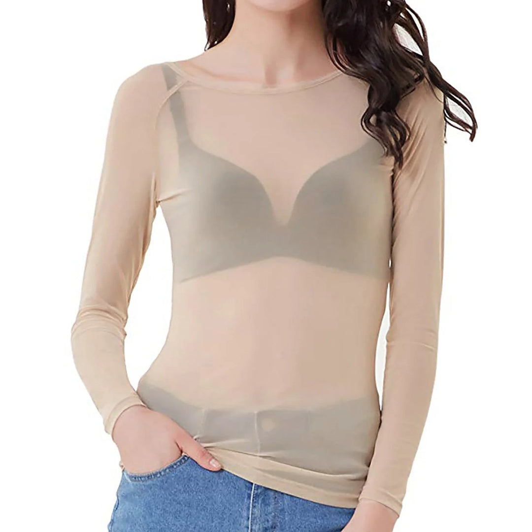 Close-up of mesh bodysuit neckline and sleeve construction in black