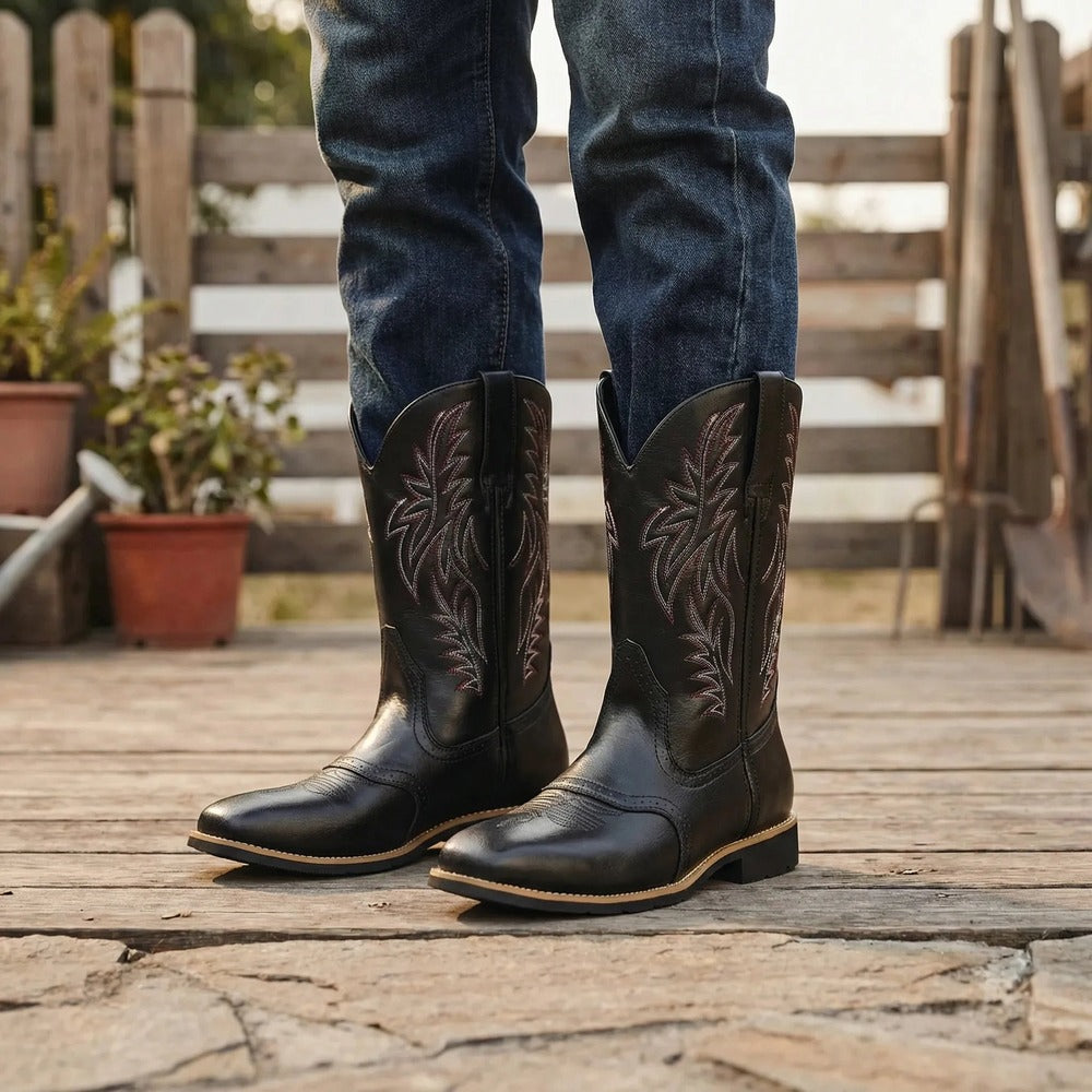 Claude calf-length cowboy-style boots in black, front view