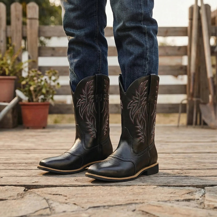 Claude calf-length cowboy-style boots in black, front view
