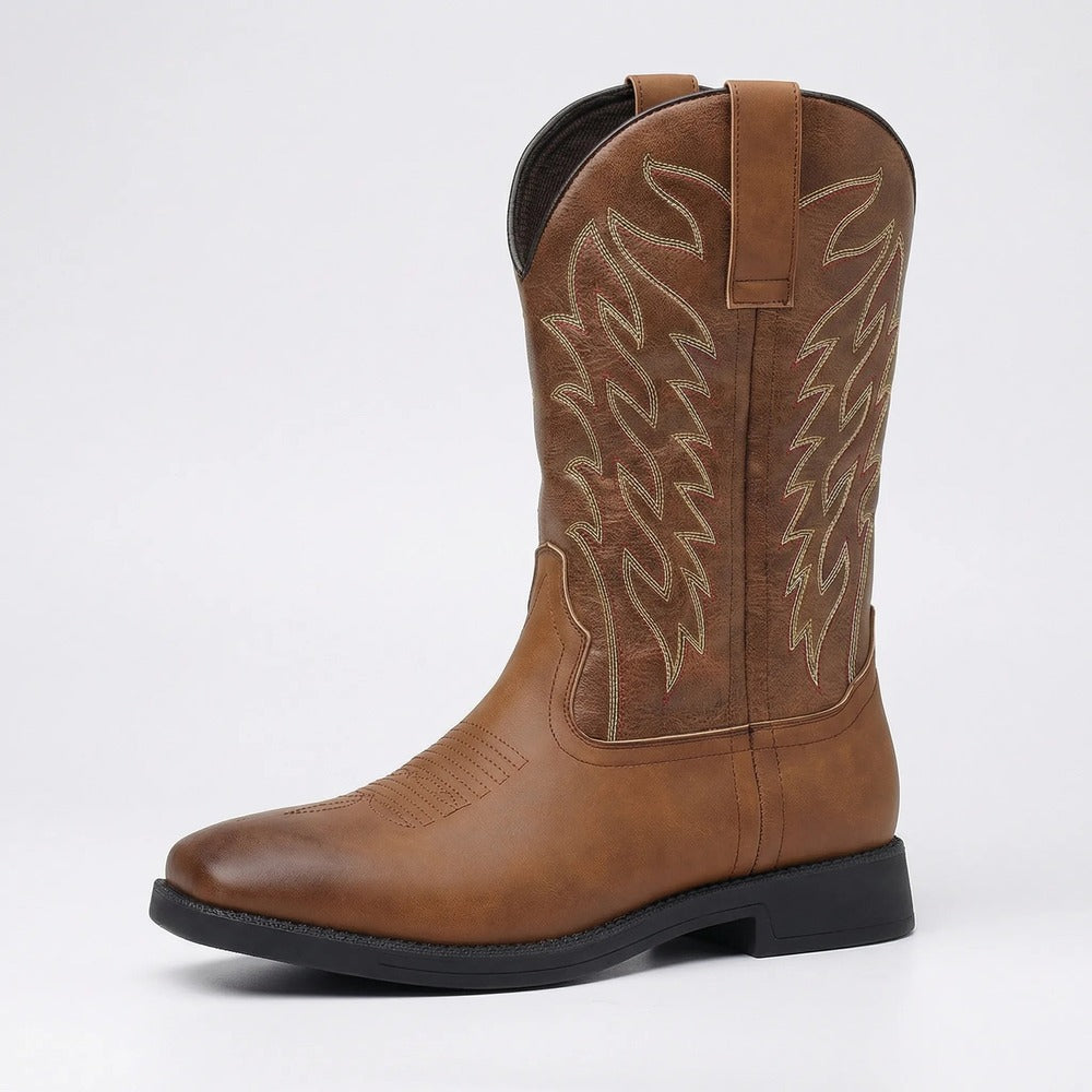 Claude calf-length cowboy-style boots in brown, front view