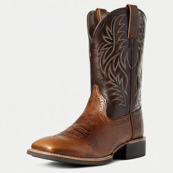 Claude calf-length cowboy-style boots in dark brown, front view