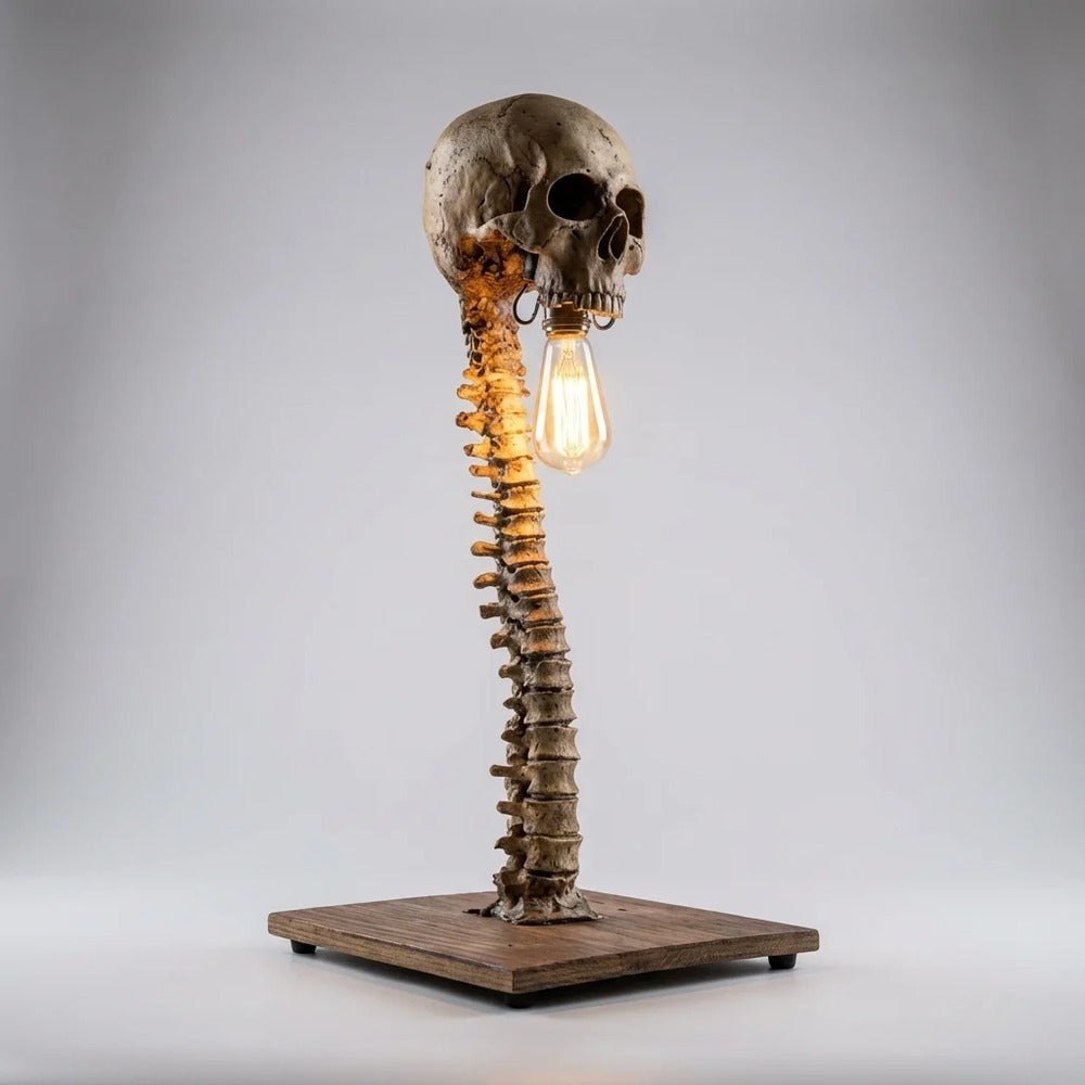 Decorative Skull Table Lamp with warm bulb glowing between the jaw, on a white background